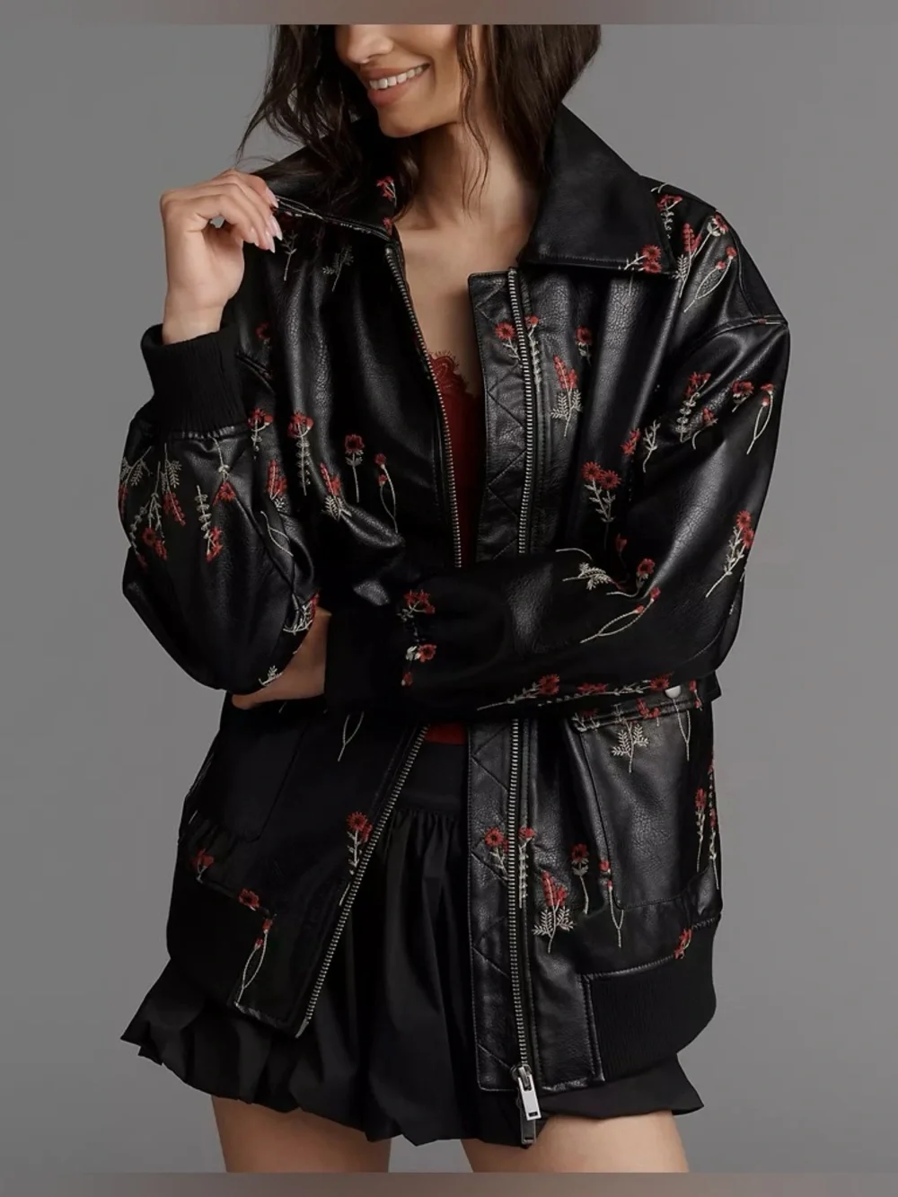 NWOT Anthropologie Maeve Faux Leather Floral-Embroidered Bomber Jacket - small - Picture 2 of 9